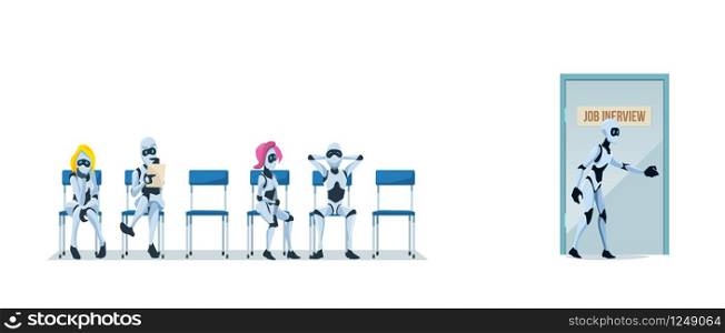 Job Interview Recruiting and Robots. Modern Technologies and Artificial Intelligence in Office. Recruitment Banner Set with Bots Candidates for Work. Vector Illustration Flat style.. Job Interview Recruiting and Robots. Vector.