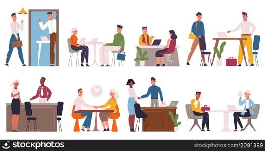Job interview, recruitment and hiring process. Company hr workers talking to job seekers vector illustration set. Business job interview scenes. Chief talking with candidates, applying for position. Job interview, recruitment and hiring process. Company hr workers talking to job seekers vector illustration set. Business job interview scenes