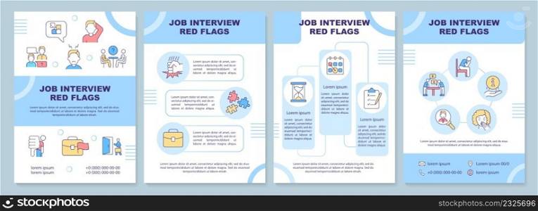 Job interview red flags blue brochure template. Show professionalism. Leaflet design with linear icons. 4 vector layouts for presentation, annual reports. Arial-Black, Myriad Pro-Regular fonts used. Job interview red flags blue brochure template