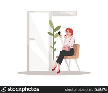 Job interview semi flat RGB color vector illustration. Female candidate for work wait in corridor. Woman apply lipstick before meeting. Applicant isolated cartoon character on white background. Job interview semi flat RGB color vector illustration