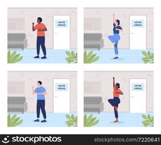 Job interview success flat color vector illustration set. Candidate getting work offer. Happy man, excited woman. Excited 2D cartoon characters with office interior on background collection. Job interview success flat color vector illustration set