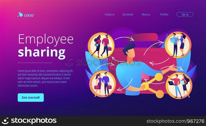 Job interview, vacancy candidates. Social networking, workflow. Employee sharing, new forms of employment, strategic employment sharing concept. Website homepage landing web page template.. Employee sharing concept landing page