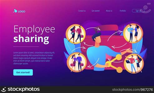 Job interview, vacancy candidates. Social networking, workflow. Employee sharing, new forms of employment, strategic employment sharing concept. Website homepage landing web page template.. Employee sharing concept landing page