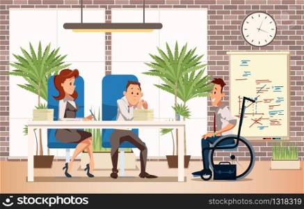 Job Interview with Disabled Vacancy Candidate Trendy Flat Vector Concept with Company Head, Hr Managers Talking with Young Man in Wheelchair, Listening Job Applicant Self-Presentation Illustration