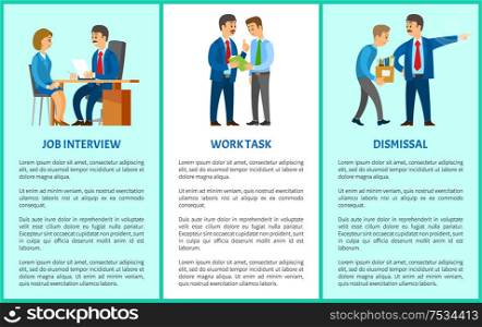 Job interview, work task and dismissal vector poster. Boss interviewing young woman on position of executive. Human resource manager and worker hiring. Job Interview, Work Task, Dismissal Vector Poster