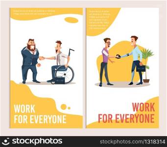 Job Offer and Career Opportunity for Disabled People Trendy Flat Vector Advertising Banner, Promo Poster Templates. Satisfied Boss, Employer Welcoming, Handshaking Disabled Male Worker Illustration