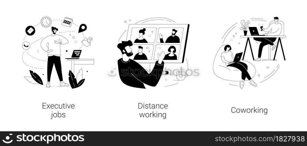 Job opportunity abstract concept vector illustration set. Executive jobs, distance working, coworking, professional growth, online team meeting, shared office space, collaboration abstract metaphor.. Job opportunity abstract concept vector illustrations.