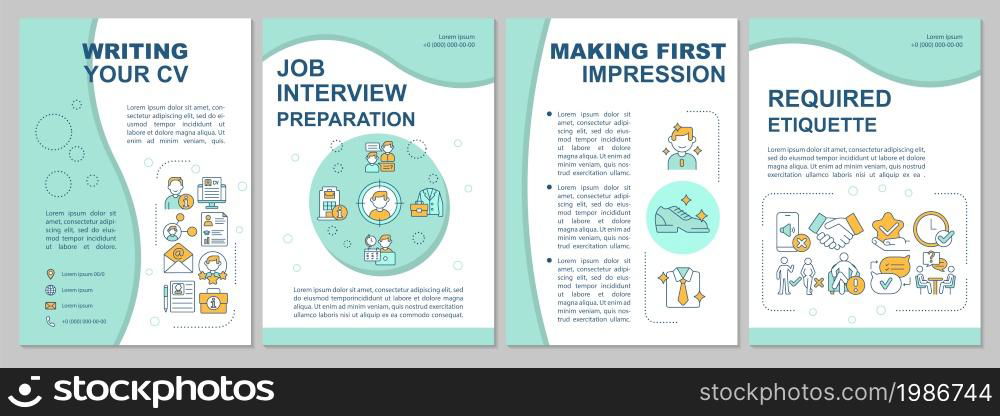 Job position application brochure template. Candidate interviewing. Flyer, booklet, leaflet print, cover design with linear icons. Vector layouts for presentation, annual reports, advertisement pages. Job position application brochure template
