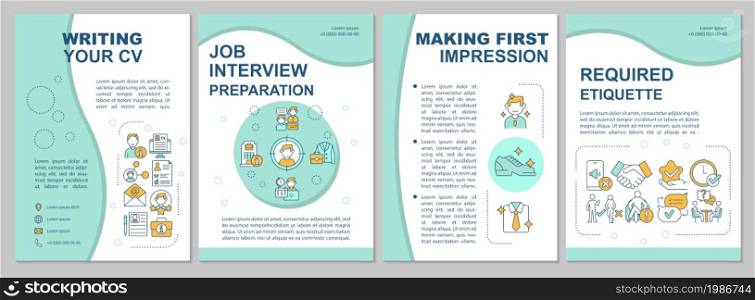 Job position application brochure template. Candidate interviewing. Flyer, booklet, leaflet print, cover design with linear icons. Vector layouts for presentation, annual reports, advertisement pages. Job position application brochure template