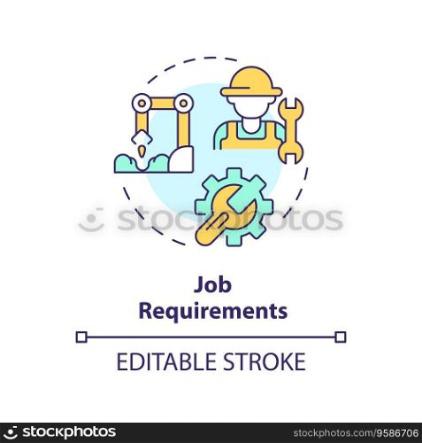 Job requirements multi color concept icon. Technical skills. Agricultural worker. Operating machinery. Automation process. Round shape line illustration. Abstract idea. Graphic design. Easy to use. Job requirements multi color concept icon