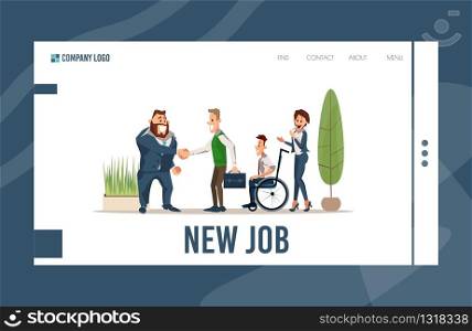 Job Search and Personnel Recruitment Online Service, Human Resources Agency Trendy Flat Vector Web Banner, Landing Page. Satisfied Company Leader Handshaking and Welcoming New Employees Illustration
