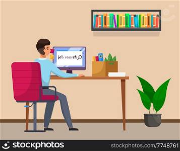 Job search candidate concept. Character young man using computer searching for job in internet. Recruitment agency hiring technology, human resources. Guy sits at a table works with laptop back view. Job search candidate concept. Character young man using computer searching for job in internet