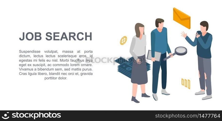 Job search concept banner. Isometric illustration of job search vector concept banner for web design. Job search concept banner, isometric style
