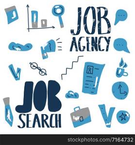 Job search concept. Flat business set elements. Vector color illustration.