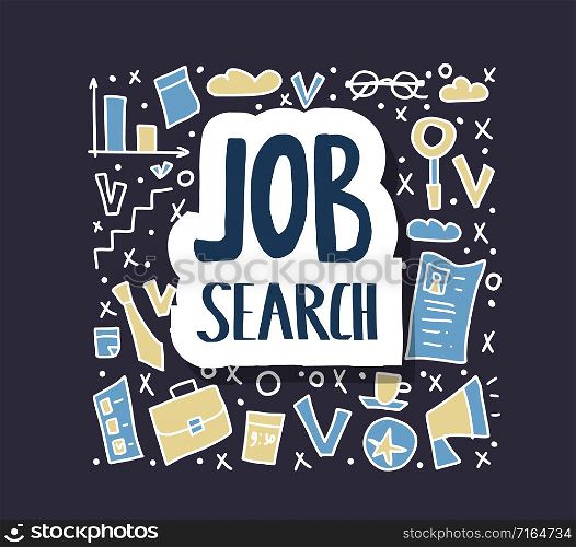 Job search concept. Sticker lettering with hiring symbols. Vector color illustration.