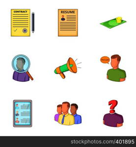 Job search icons set. Cartoon illustration of 9 job search vector icons for web. Job search icons set, cartoon style