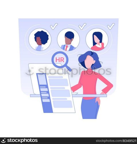 Job search isolated concept vector illustration. Woman searching for vacancy with laptop, HR management, human resources, recruiting idea, headhunting agency, building a career vector concept.. Job search isolated concept vector illustration.