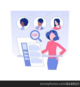 Job search isolated concept vector illustration. Woman searching for vacancy with laptop, HR management, human resources, recruiting idea, headhunting agency, building a career vector concept.. Job search isolated concept vector illustration.
