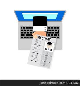 Job search online. Hand holding cv resume from screen laptop. Vector illustration. Job hunting and find a job, hiring and recruiting. Job search online. Job interview, looking for job
