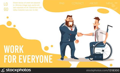 Job Search Online Service, Human Resources Agency Trendy Flat Vector Web Banner, Landing Page Template. Happy Smiling Boss, Businessman Welcoming Disabled Male Employee in Wheelchair Illustration