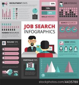 Job Search Strategy Flat Infographic Banner . Jobs search strategy with resume and portfolio tips and recruitment statistics infographics flat banners design abstract vector Illustration