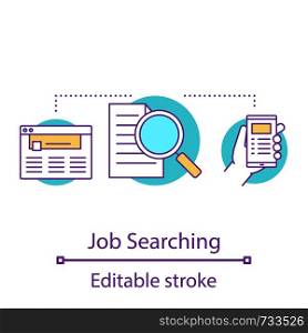 Job searching concept icon. Work finding idea thin line illustration. Internet surfing. Hand holding smartphone, magnifying glass, website. Vector isolated outline drawing. Editable stroke. Job searching concept icon