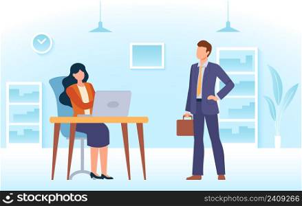 Job searching. Man candidate coming to hr office manager for interview. Recruiter sitting at desk with laptop. Hiring worker concept. Job applicant coming to meeting, recruitment process vector. Job searching. Man candidate coming to hr office manager for interview. Recruiter sitting at desk with laptop. Hiring worker