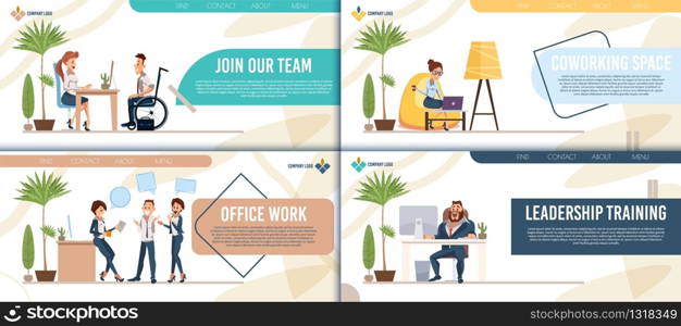 Job Searching Service, Coworking Space, Office Work and Leadership Training Trendy Flat Vector Web Banners, Landing Pages Set. Working in Office Employees, Female, Male Entrepreneurs Illustration