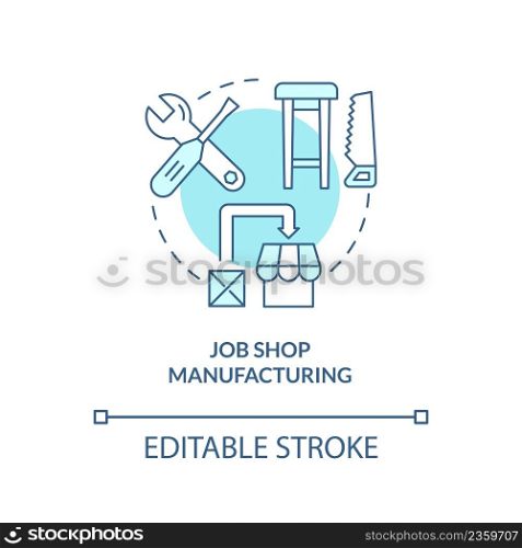 Job shop manufacturing turquoise concept icon. Type of manufacturing processes abstract idea thin line illustration. Isolated outline drawing. Editable stroke. Arial, Myriad Pro-Bold fonts used. Job shop manufacturing turquoise concept icon