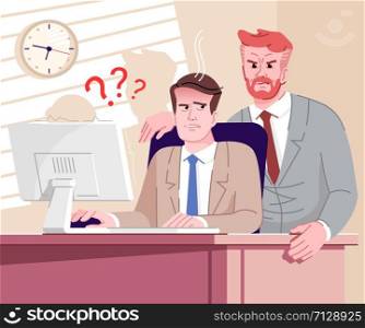 Job stress flat vector illustration. Boss standing near employee table cartoon characters.