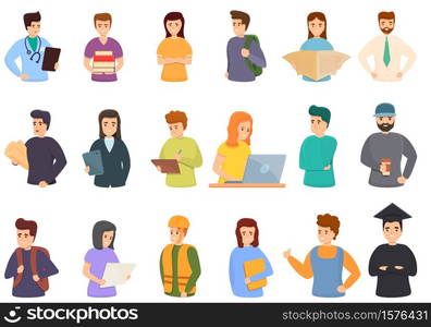 Job students icons set. Cartoon set of job students vector icons for web design. Job students icons set, cartoon style