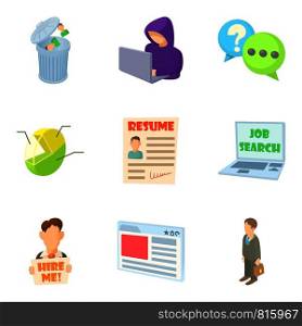 Job vacancy icons set. Cartoon set of 9 job vacancy vector icons for web isolated on white background. Job vacancy icons set, cartoon style