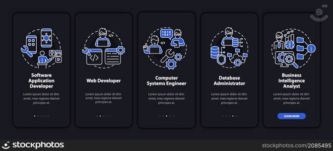 Jobs coders can get night mode onboarding mobile app screen. Worker walkthrough 5 steps graphic instructions pages with linear concepts. UI, UX, GUI template. Myriad Pro-Bold, Regular fonts used. Jobs coders can get night mode onboarding mobile app screen