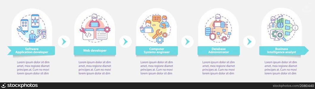 Jobs coders can get round infographic template. Developer. Data visualization with 5 steps. Process timeline info chart. Workflow layout with line icons. Myriad Pro-Bold, Regular fonts used. Jobs coders can get round infographic template