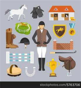 Jockey decorative icons flat set with horse grooming brush champion trophy isolated vector illustration