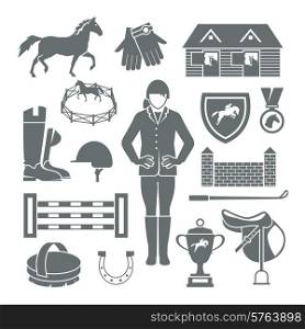Jockey icons black set with horseshoe saddle medal barrier isolated vector illustration