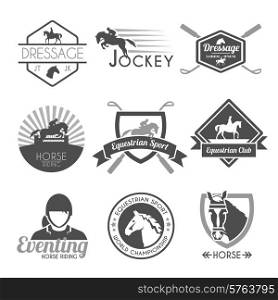 Jockey label dressage sport club emblems black set isolated vector illustration. Jockey Label Set