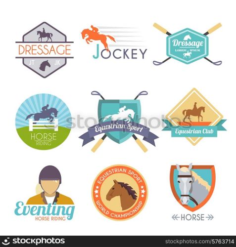 Jockey label set with dressage sport horse club emblems isolated vector illustration. Jockey Label Set