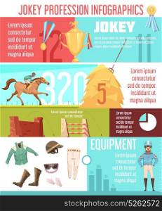 Jockey Profession Infographics Layout. Jockey profession infographics layout with equestrian ammunition icons and horse riding information flat vector illustration