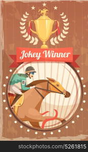 Jockey Winner Vintage Poster . Jockey winner vintage poster with champion cup and rider on galloping horse design elements flat vector illustration