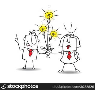 Joe the businessman gives a bouquet of ideas bulbs. this is a metaphor for someone who shares ideas