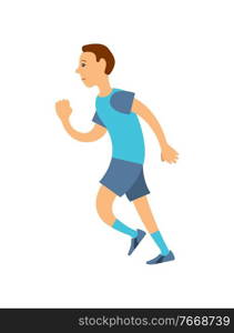 Jogger in uniform running on long distance isolated cartoon person. Vector man in blue t-shirt , shorts and socks run marathon, jogging man in flat style. Jogger in Uniform Running Long Distance Isolated