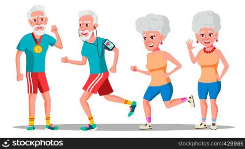Jogger Old People Vector. Jogger Couple. Health Training. Illustration. Jogger Old People Vector. Jogger Couple. Active Health Training. Illustration
