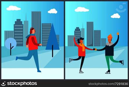 Jogger running on background of skyscrapers, happy couple dancing on skates, man and woman having fun together vector illustration isolated posters. Jogger Running on Background of Skyscraper Couple