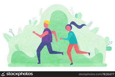Joggers in park vector, man and woman running in forest. Hobby of youth, run active lifestyle of male and female sportsman. Characters wearing sports clothes and running. Flat cartoon. People Leading Active Lifestyle Jogging Characters