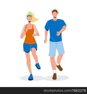 Joggers Man And Woman Running Together Vector. Young Boy And Girl Joggers Couple Run, Sport Training And Exercising. Characters Sportive Active Health Care Time Flat Cartoon Illustration. Joggers Man And Woman Running Together Vector