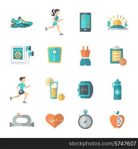 Jogging and fitness icons flat set with stopwatch apple bottle isolated vector illustration