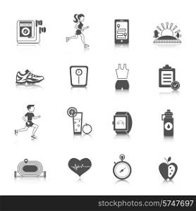 Jogging and running sport fitness and health activity icons black set isolated vector illustration