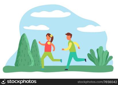 Jogging boy and girl in park, people leading active lifestyle. Sportive male and female characters. Joggers in morning exercising outside. Teenagers in forest with trees and bushes. Vector in flat. Jogging Character Active Lifestyle of Boy and Girl
