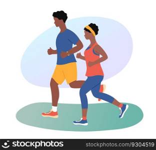Jogging couple. African american persons man and woman running outdoors. Friends jog together. Healthy lifestyle and fitness concept. Flat vector illustration.. Jogging couple. African american persons man and woman running outdoors. Friends jog together. Healthy lifestyle and fitness concept. Flat vector illustration